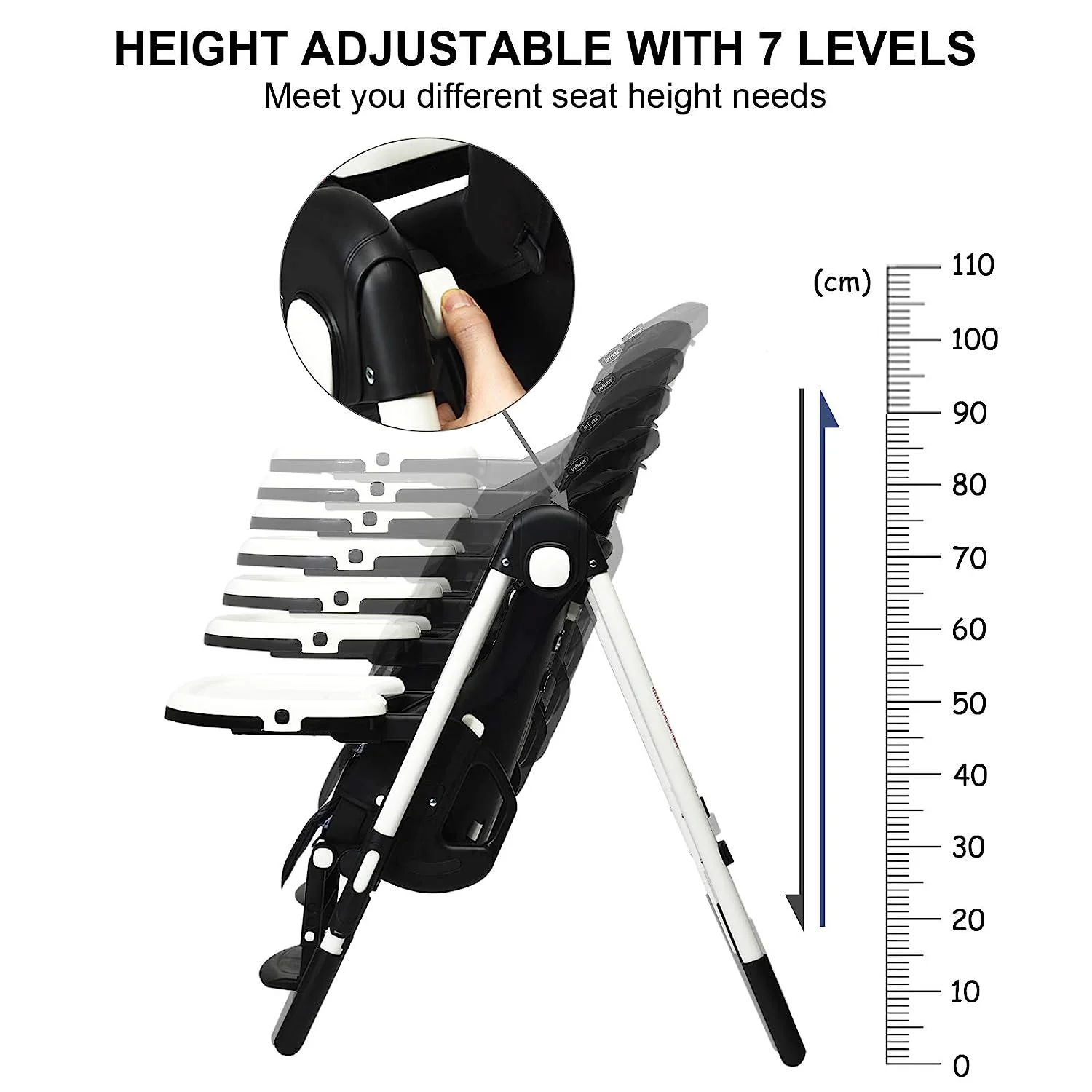 Hochstuhl für Babys und Kleinkinder, faltbarer Hochstuhl mit mehrfach verstellbarer Rückenlehne, Fußstütze und Sitzhöhe, abnehmbarem Tablett, abnehmbarem PU-Lederkissen, integrierten Hinterrädern (schwarz)