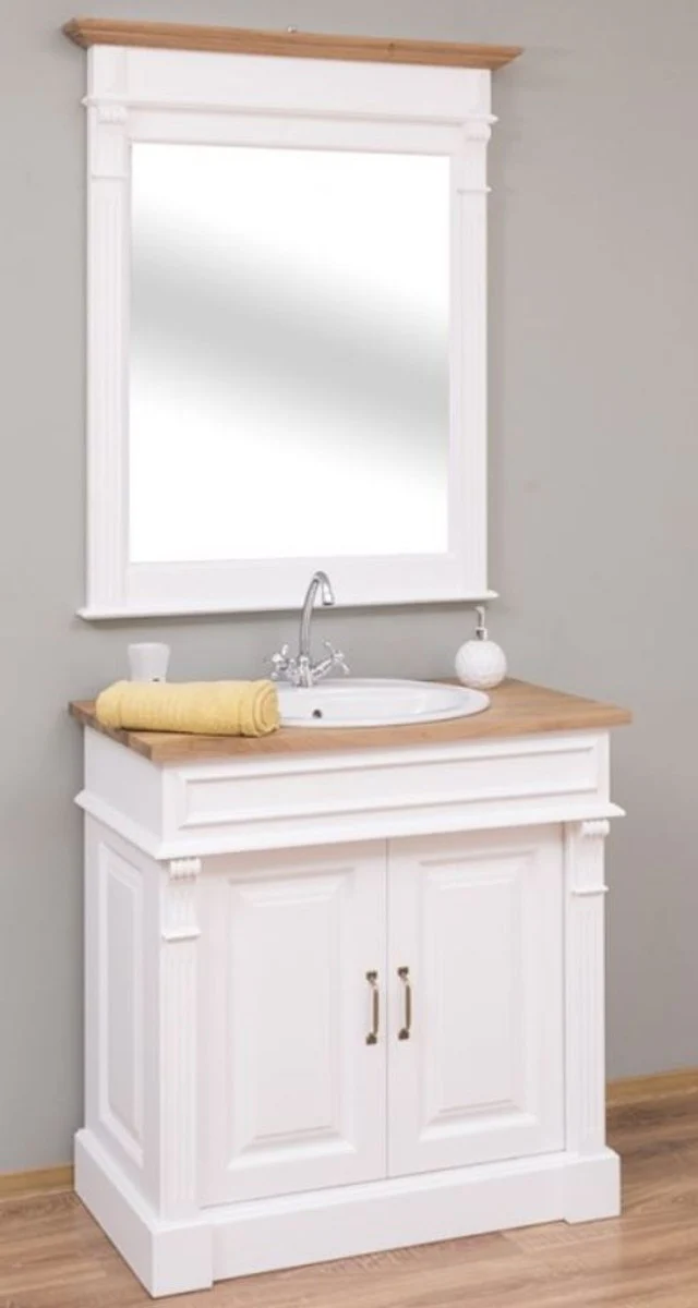 Country house style bathroom set white / natural colors - 1 washbasin & 1 wall mirror - solid wood bathroom furniture in country house style