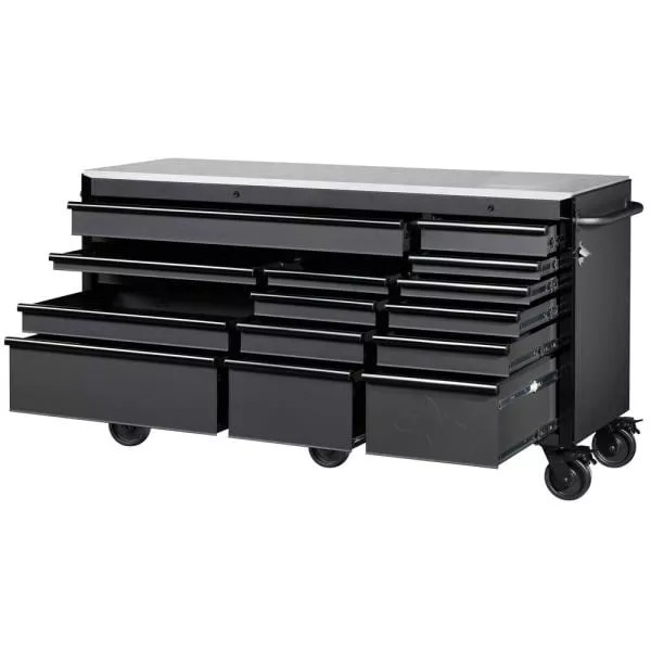 HEAVY-DUTY 72 IN W 15-DRAWER, DEEP TOOL CHEST MOBILE WORKBENCH IN MATTE BLACK MIT STAINLESS STEEL TOP UND DUAL LOCKS