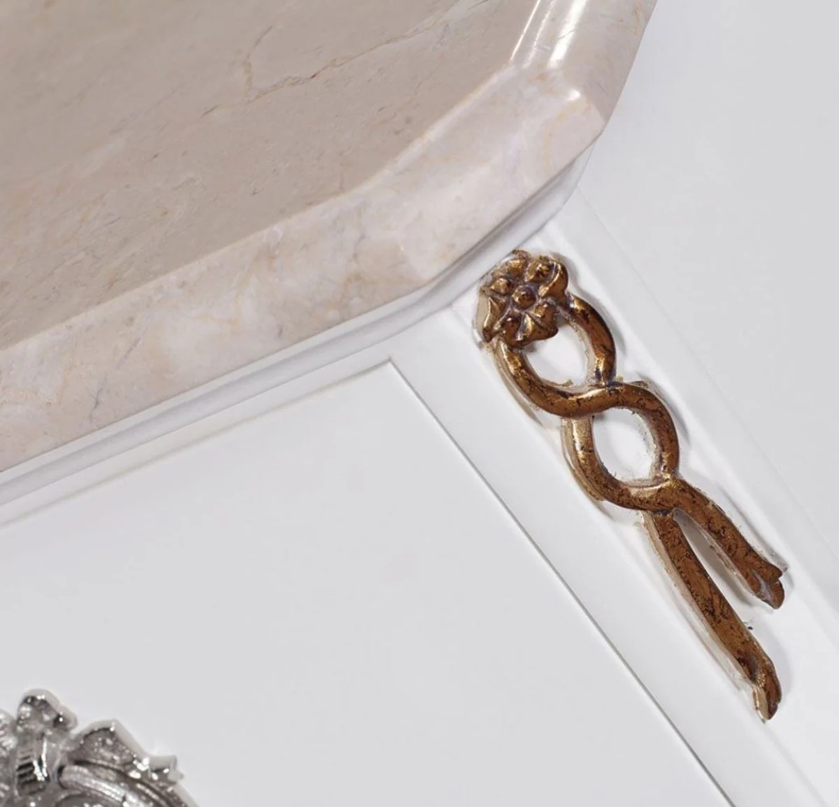 Luxury Baroque Nightstand White / Cream / Antique Gold / Silver - Handcrafted Solid Wood Bedside Table with Marble Top - Baroque Bedroom Furniture