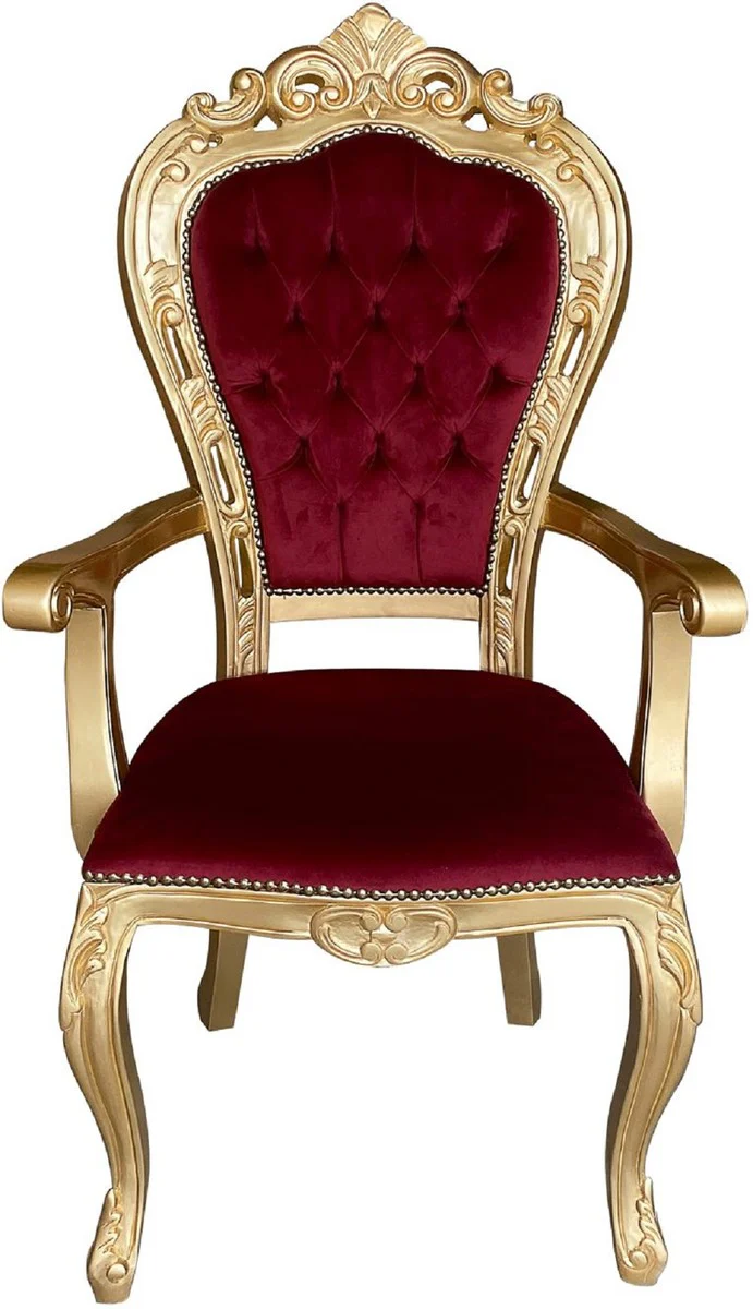 Luxury Baroque Dining Room Chair Bordeaux Red / Gold - Handmade Antique Style Chair with Armrests and Elegant Velvet Fabric - Dining Room Furniture in Baroque Style