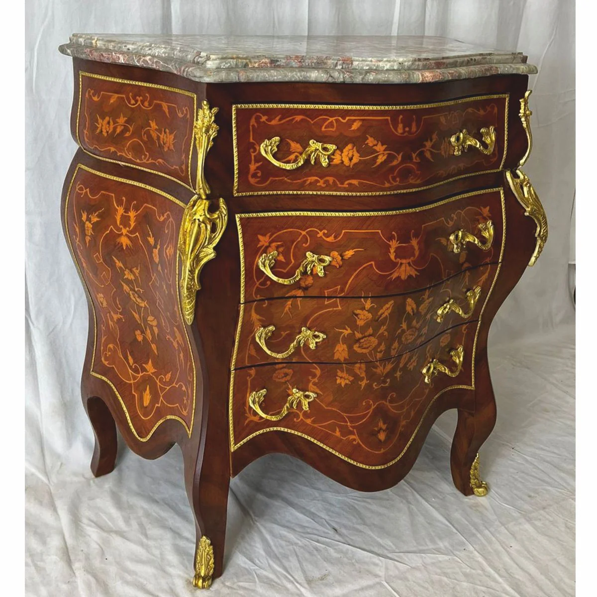Baroque chest of drawers with 4 drawers and marble top brown inlaid / gold / gray