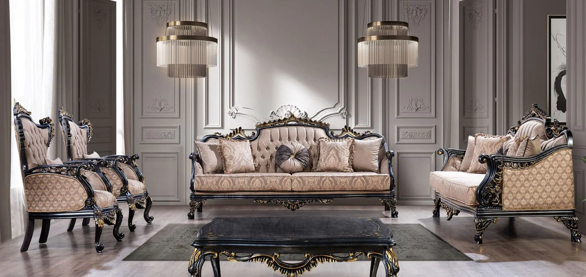 Luxus Barock Wohnzimmer Set Grau / Blau / Gold - 2 Barock Sofas & 2 Barock Sessel & 1 Barock Couchtisch - Luxus Wohnzimmer Möbel im Barockstil - Barock Möbel - Edel & Prunkvoll