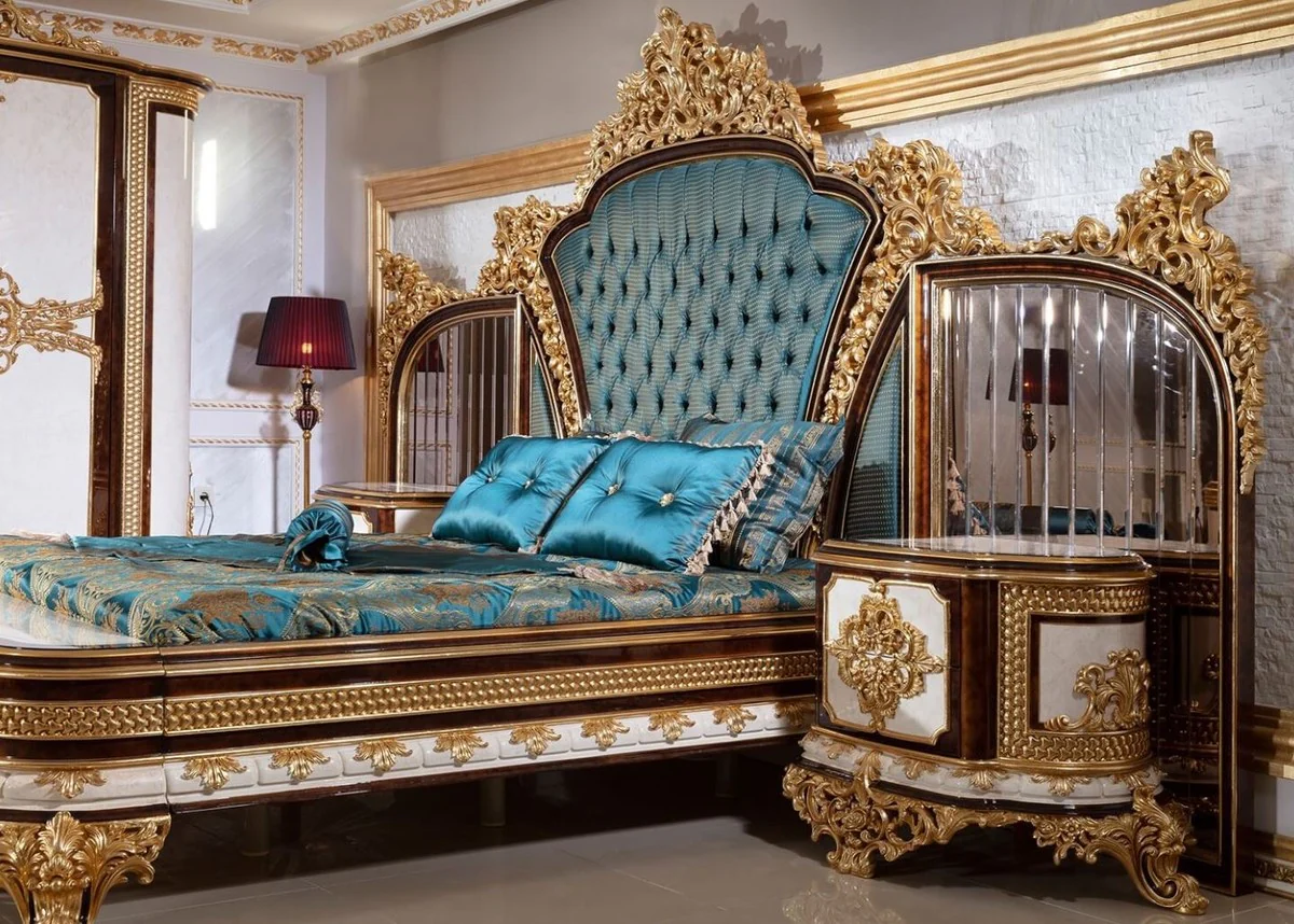 Luxury Baroque Nightstand Set White / Brown / Gold - Magnificent Solid Wood Bedside Tables - Baroque Bedroom Furniture - Noble & Magnificent