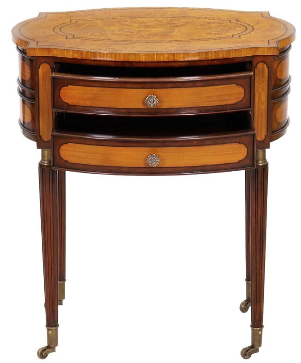 Luxury Art Nouveau nightstand light brown / dark brown - Elegant solid wood bedside table with 2 drawers and wheels - Baroque & Art Nouveau bedroom furniture