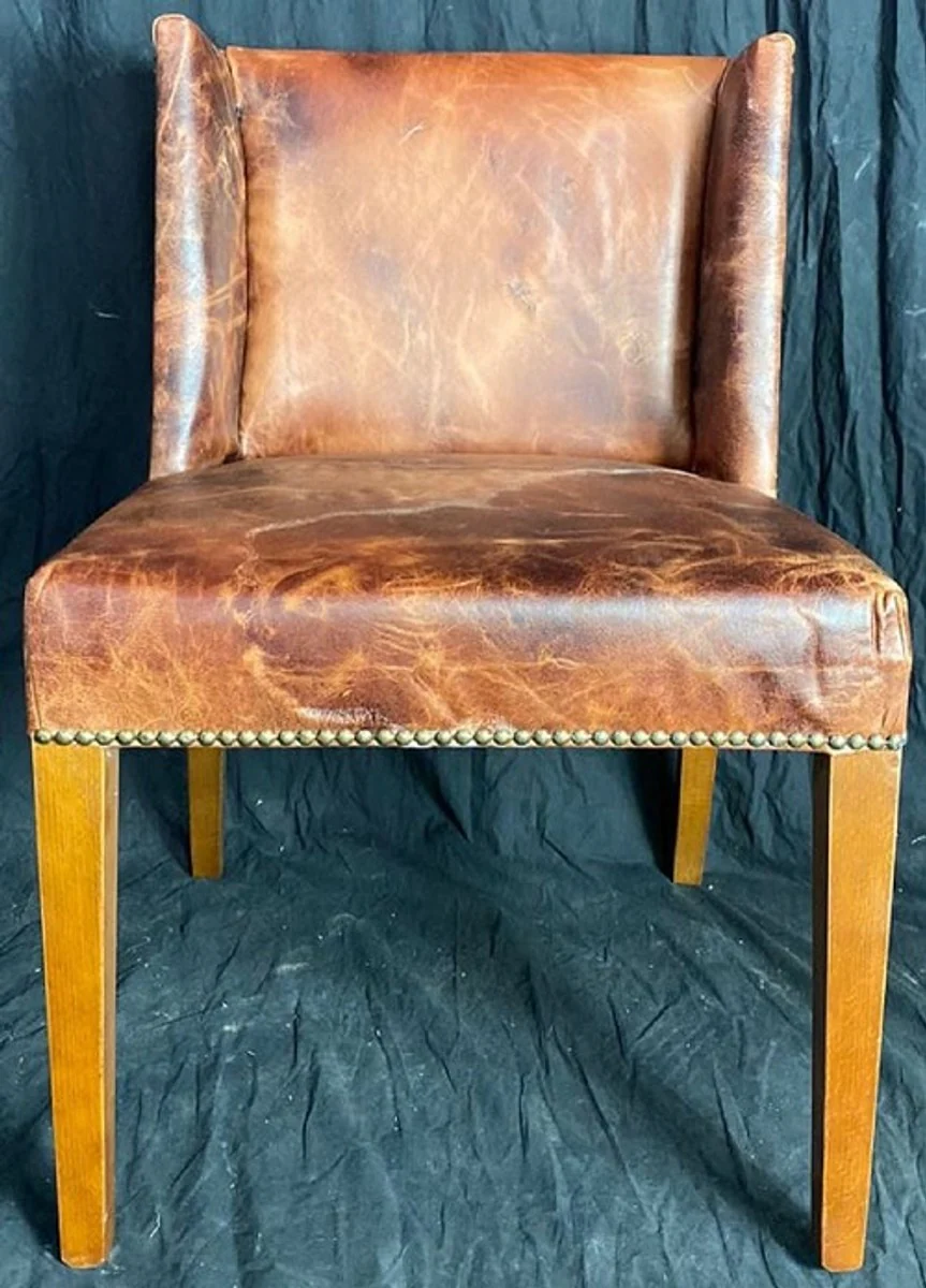 Luxus Leder Esszimmer Stuhl Set Vintage Braun / Hellbraun 56 x 52 x H. 81 cm - Echtleder Küchen Stühle 6er Set - Esszimmer Möbel - Leder Möbel - Luxus Möbel - Luxus Einrichtung