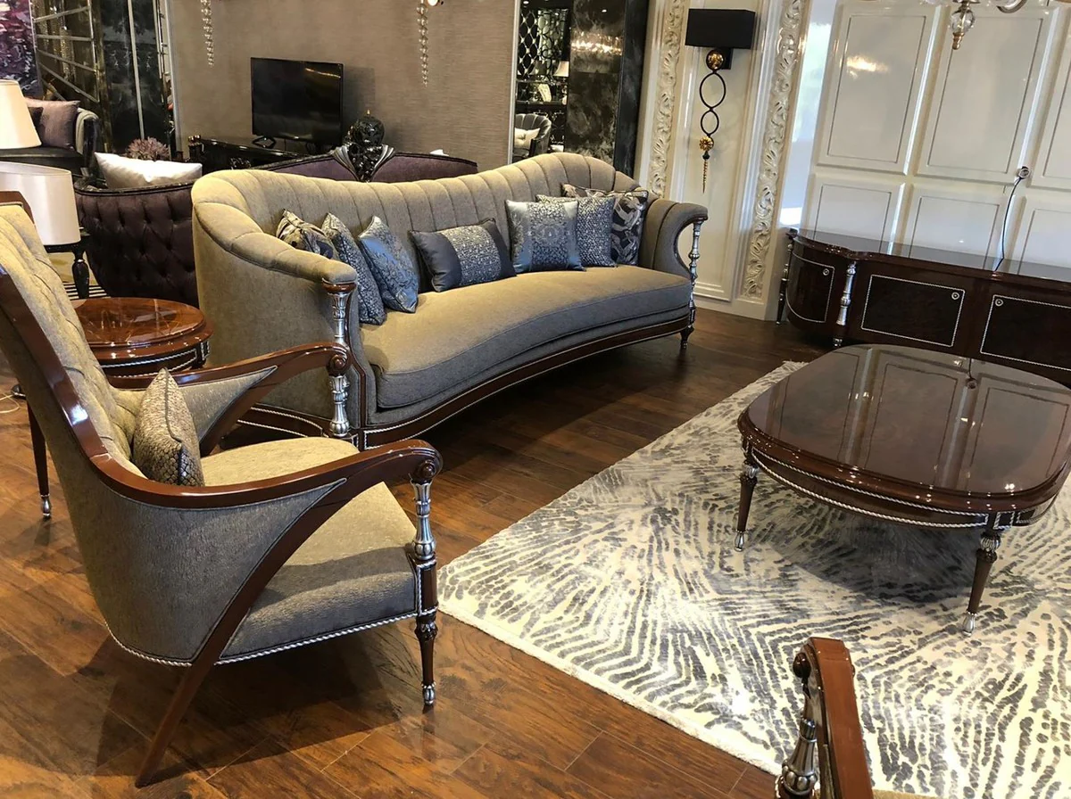 Luxury baroque living room sofa gray / brown / silver 280 x 90 x H. 98 cm - living room furniture in baroque style - noble & magnificent