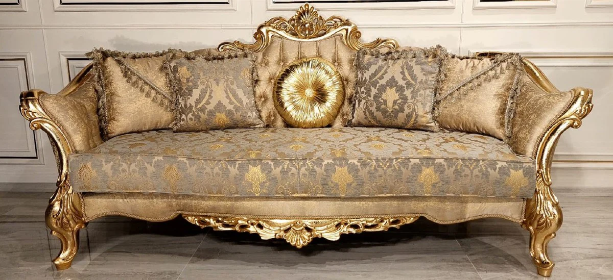 Luxury Baroque Sofa Gold / Gray / Gold - Magnificent Living Room Sofa with Elegant Pattern - Baroque Living Room & Hotel Furniture - Noble & Magnificent