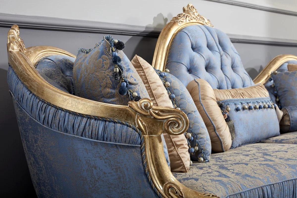 Luxury Baroque Chesterfield Sofa Light Blue / Antique Gold 300 x 90 x H. 119 cm - Magnificent Baroque Living Room Sofa - Baroque Furniture