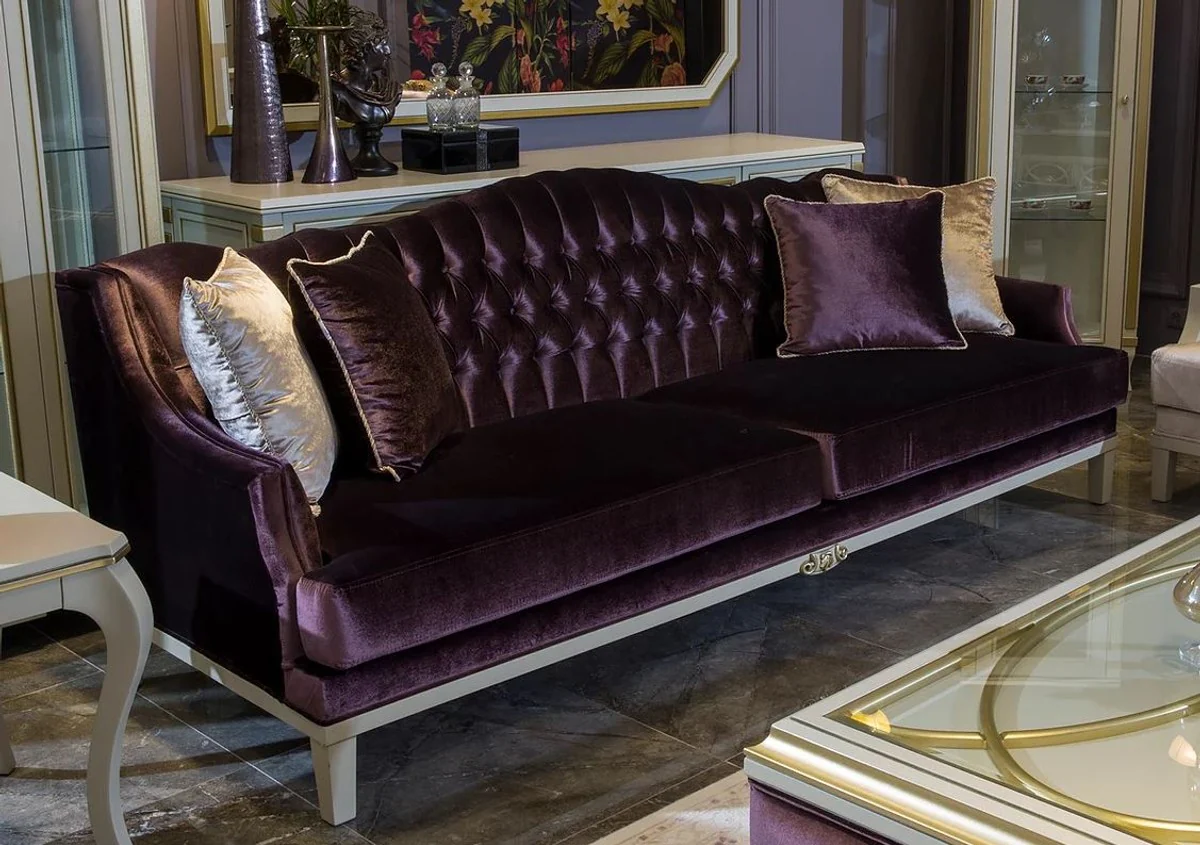 Luxury baroque sofa purple / white / gold 239 x 83 x H. 91 cm - Noble living room sofa with decorative pillows - Baroque living room furniture