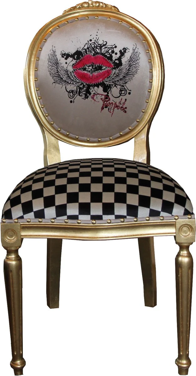 Pompöös by Luxury Baroque Dining Room Chair White / Checkered / Gold - Pink Lips - Pompööser Baroque Chair designed by Harald Glööckler