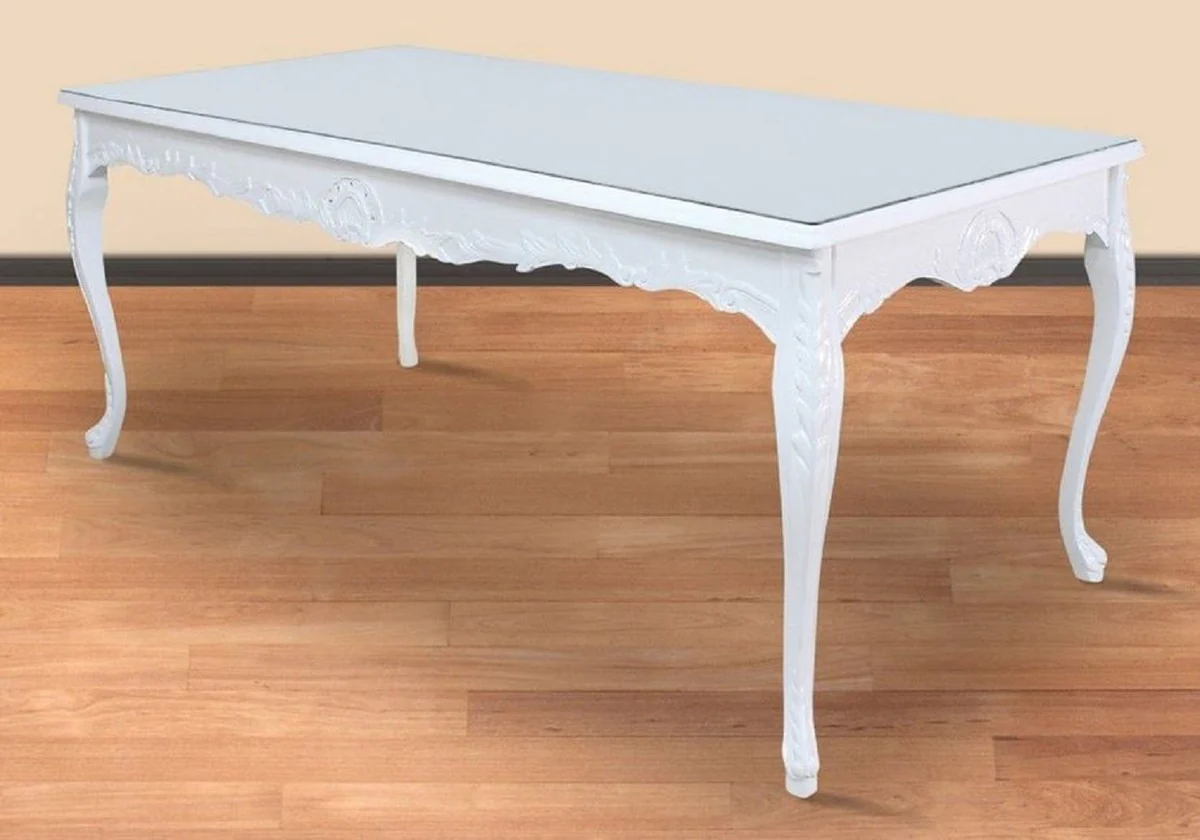 Baroque dining table white 200 x 100 x H. 90 cm - solid wood kitchen table with glass top - baroque dining room furniture