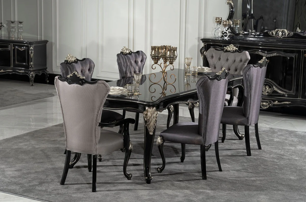 Luxury Baroque Dining Room Chair Set of 8 with Armrests Silver / Black / Silver - Magnificent Baroque Style Kitchen Chairs - Luxury Baroque Dining Room Furniture - Noble & Magnificent