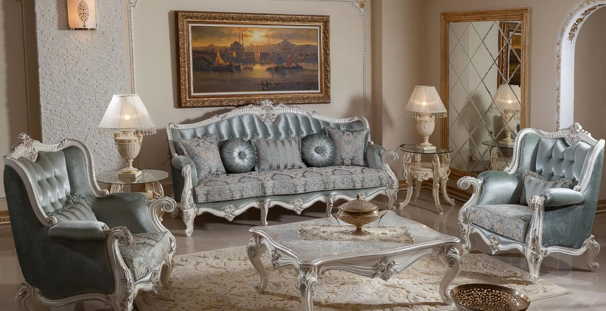 Luxury Baroque Sofa Green / Beige / White / Silver - Magnificent Living Room Sofa with Elegant Pattern - Baroque Furniture - Luxury Living Room Furniture in Baroque Style - Noble & Magnificent