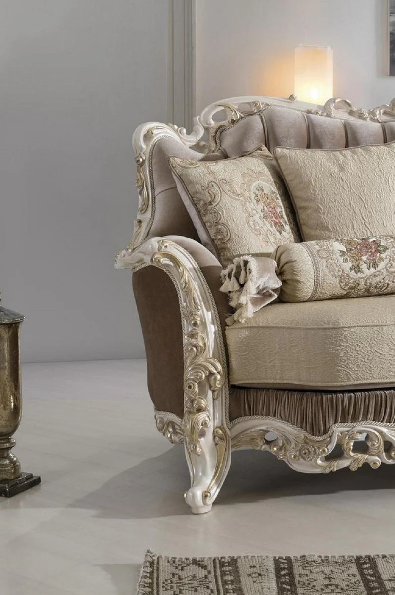 Luxury baroque living room sofa with decorative pillows brown / beige / white / gold 240 x 90 x H. 120 cm - Noble baroque living room furniture