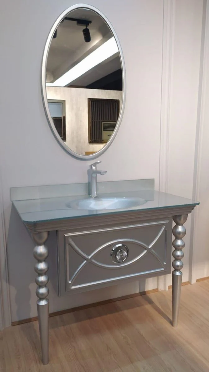 Baroque bathroom set silver - 1 washbasin with glass sink & 1 wall mirror - bathroom furniture in baroque style