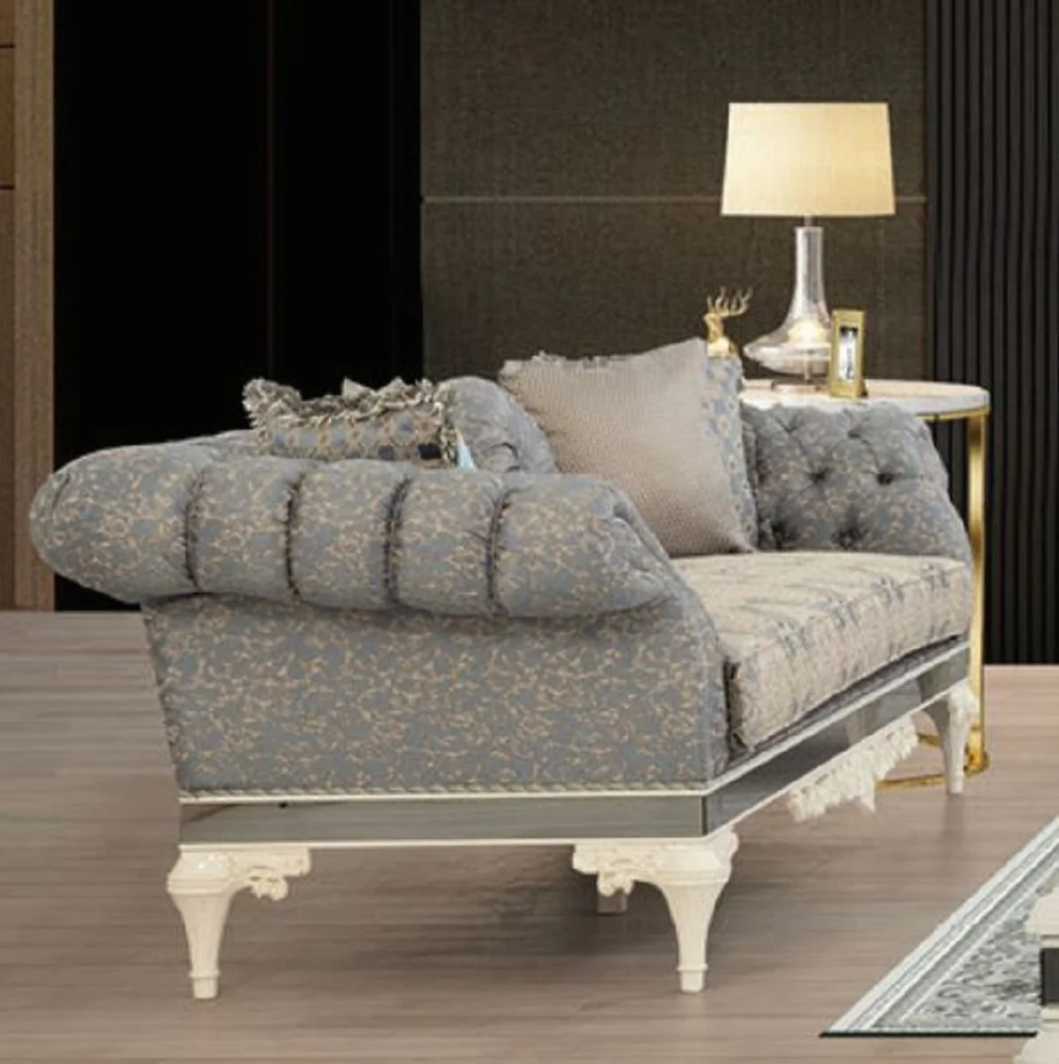 Luxury Baroque Chesterfield Sofa Gray / Beige / White - Magnificent living room sofa with decorative pillows - Baroque living room furniture