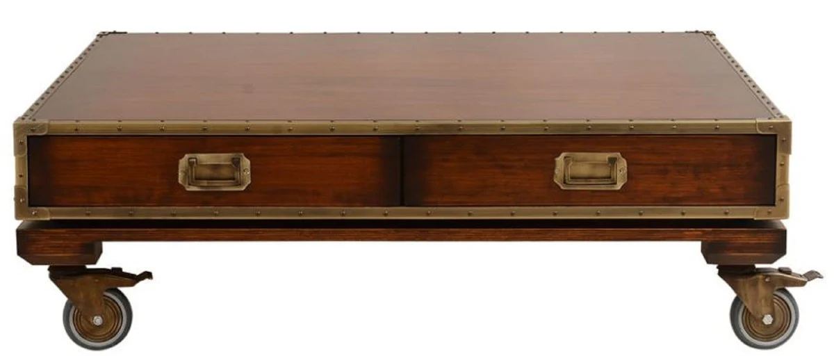 Luxury vintage style coffee table brown / brass 109 x 109 x H. 35 cm - Square solid wood living room table with wheels and drawers - Vintage style living room furniture - Luxury furniture