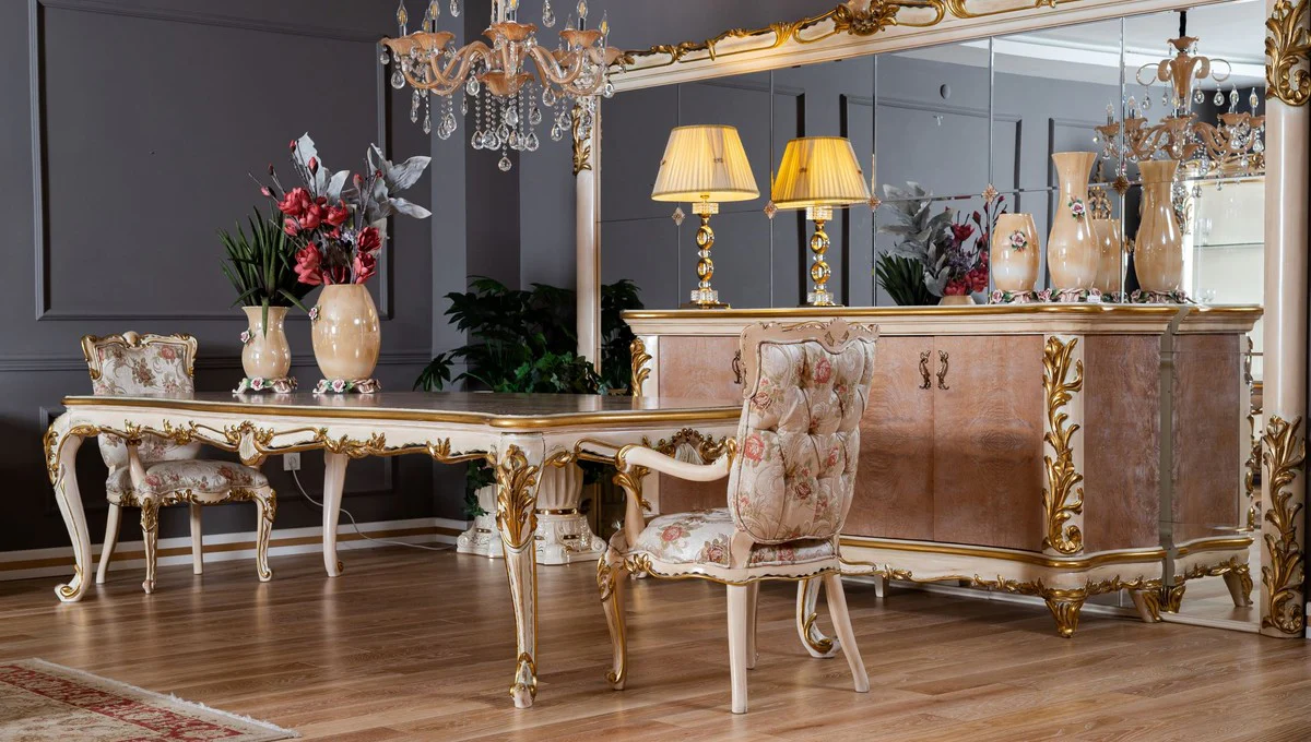Luxury baroque dining table beige / white / gold - magnificent solid wood dining room table in baroque style - baroque dining room furniture