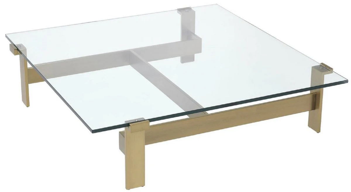 Luxury coffee table brass colored 120 x 120 x H. 30 cm - Square stainless steel living room table with glass top - Living room furniture - Luxury quality