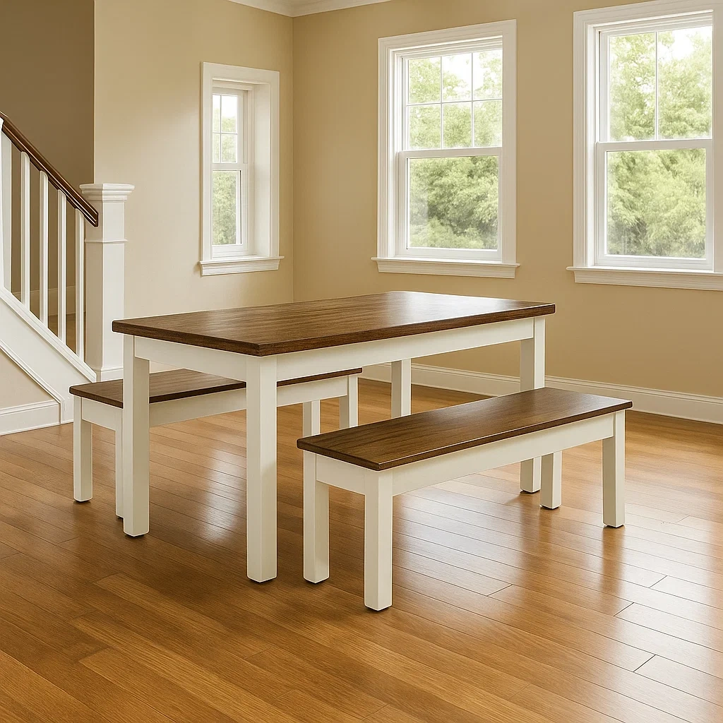 Essgruppe mit Tisch und Stühlen, bestehend aus einem Esstisch und zwei Essbänken, braun, Holz, geeignet für das Esszimmer