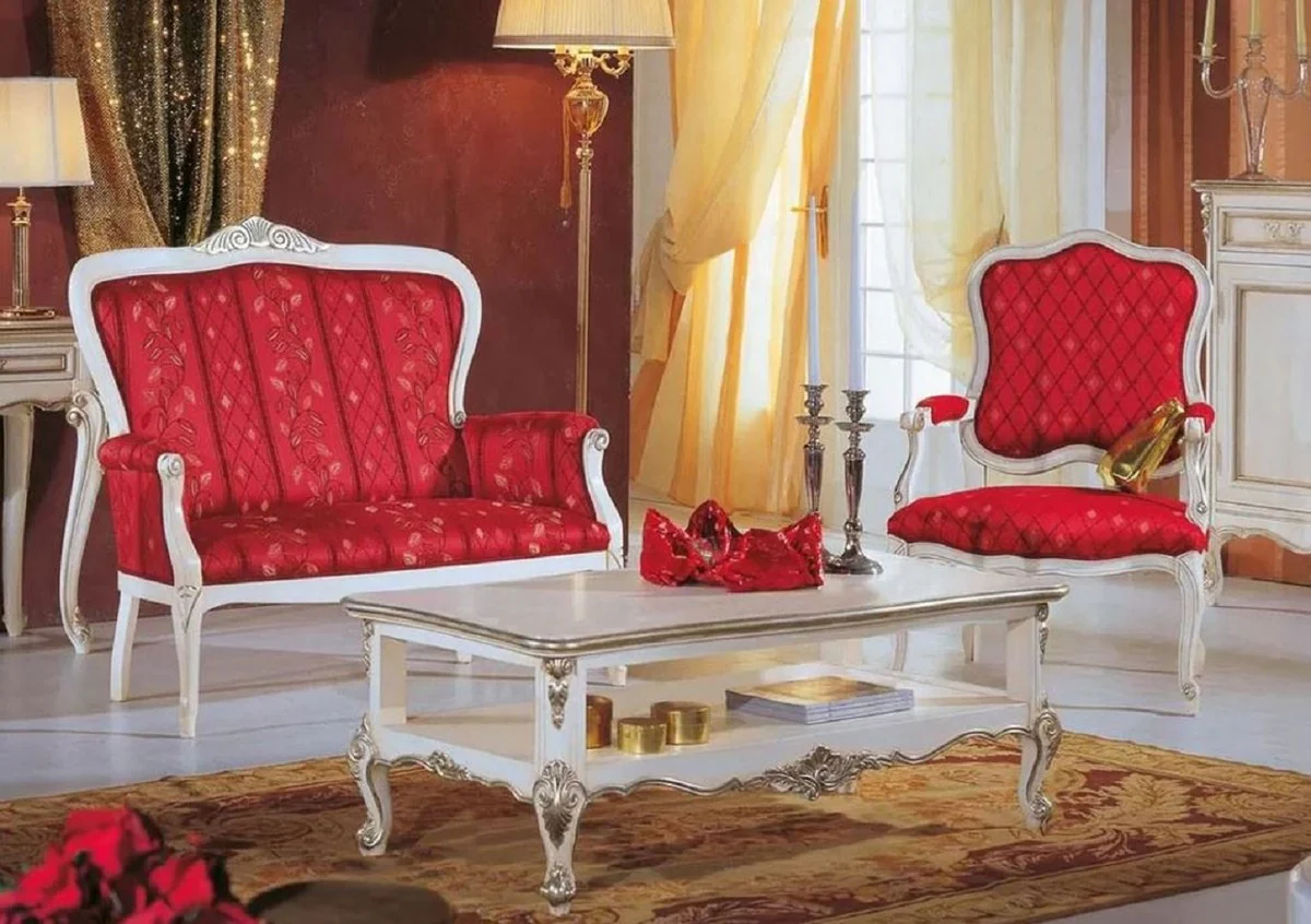 Luxus Barock Wohnzimmer Set Rot / Weiß / Silber - 2 Barock Sofas & 2 Barock Sessel & 1 Barock Couchtisch - Barock Wohnzimmer & Hotel Möbel - Luxus Qualität - Made in Italy
