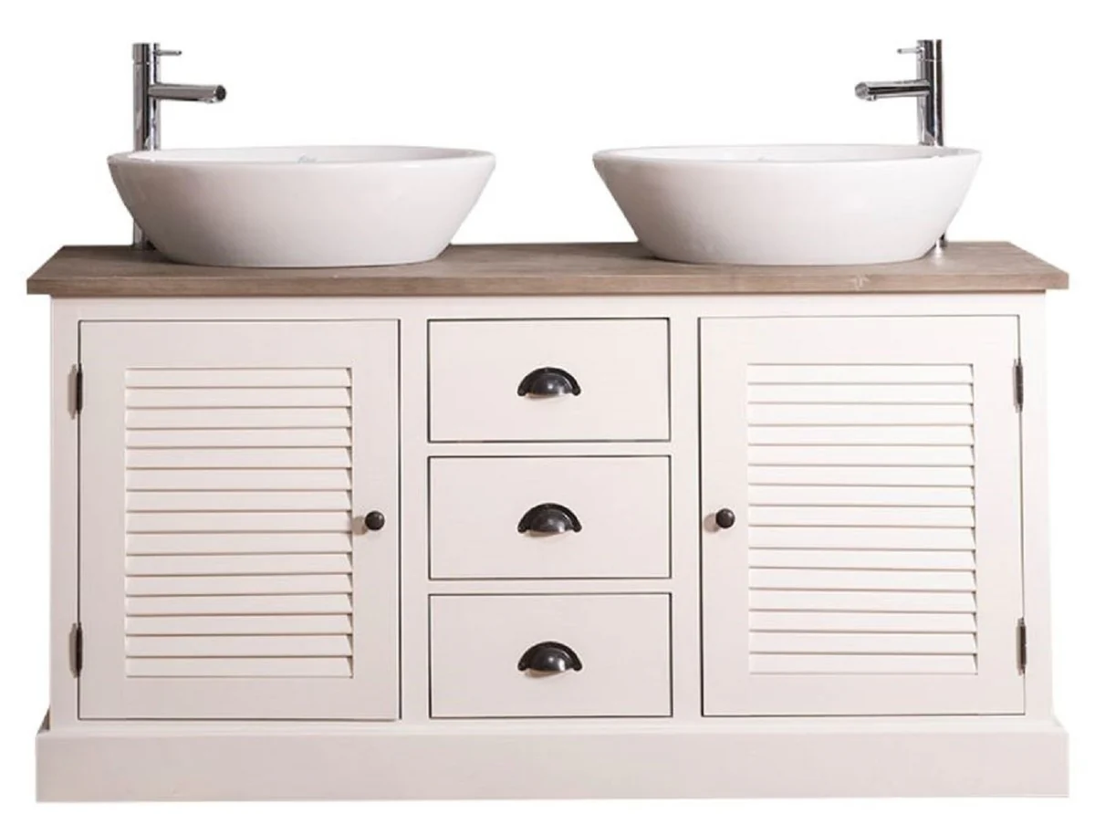 Country house style double washbasin with 2 doors and 3 drawers cream / natural color 150 x 51 x H. 75 cm - bathroom furniture in country house style