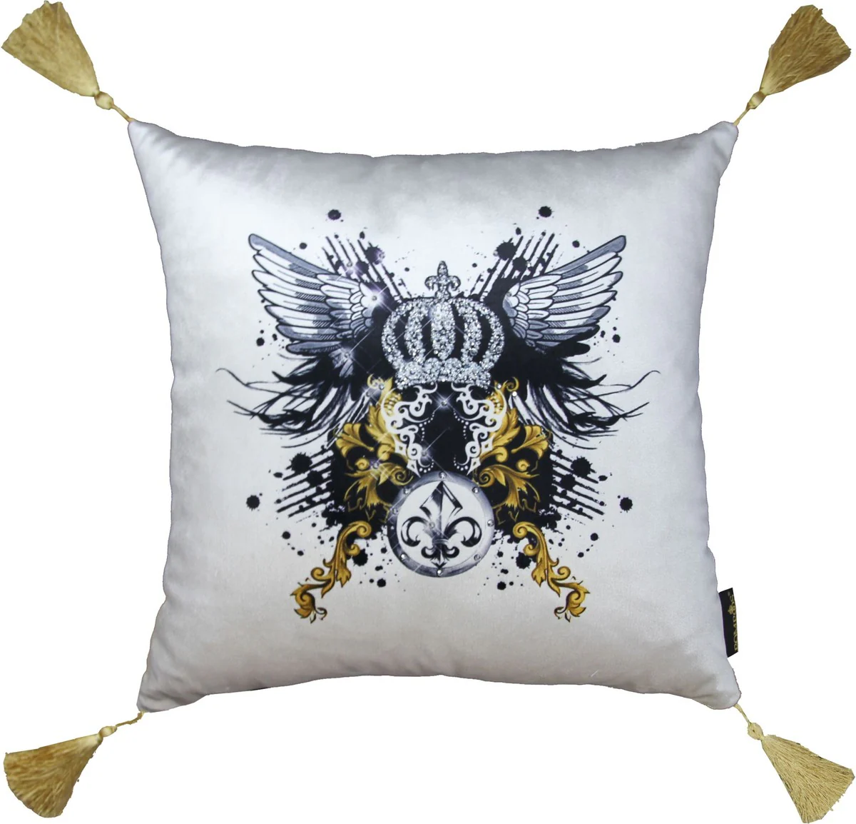 Harald Glööckler luxury decorative baroque cushion with angel wings Pompöös by cream / black crown deluxe with rhinestones and tassels - Glööckler cushion