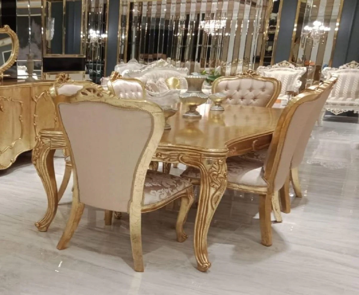 Luxury Baroque Dining Room Set Pink / Gold - 1 Baroque Dining Table & 6 Baroque Dining Room Chairs with Elegant Pattern - Dining Room Furniture in Baroque Style - Noble & Magnificent