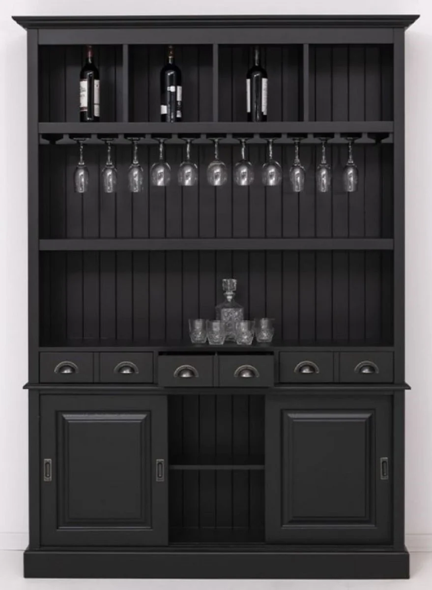 Country house style solid wood bar cabinet black 151 x 36 x H. 210 cm - Solid wood wine cabinet in country house style - Solid wood bar furniture - Country house style bar furniture