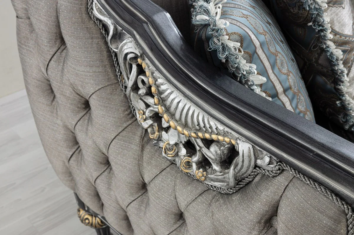 Luxury baroque sofa silver / turquoise / gold 248 x 96 x H. 118 cm - Magnificent solid wood living room sofa with elegant pattern and decorative pillows - Baroque living room furniture