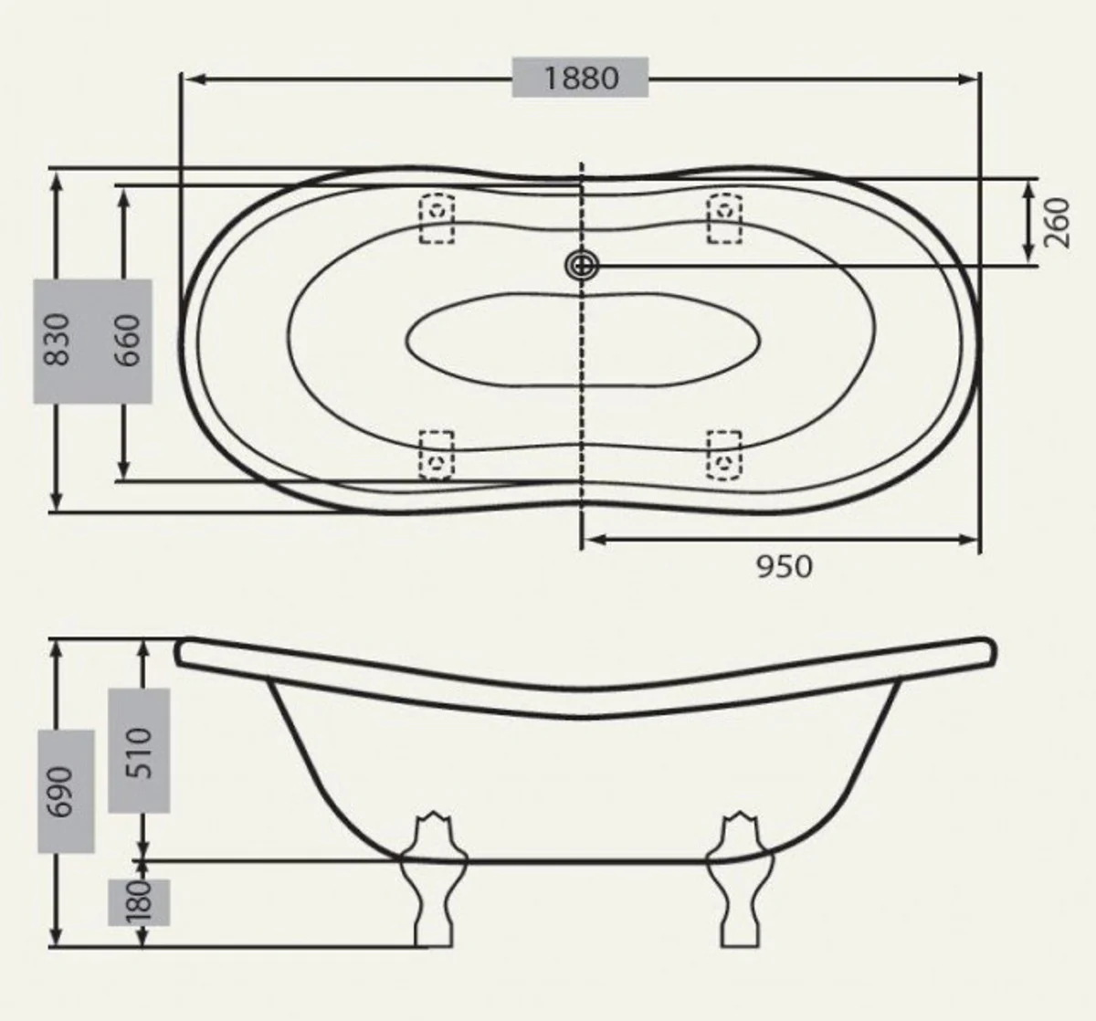 Freestanding luxury bathtub Art Nouveau Paris white/old gold 1880mm - Baroque bathroom