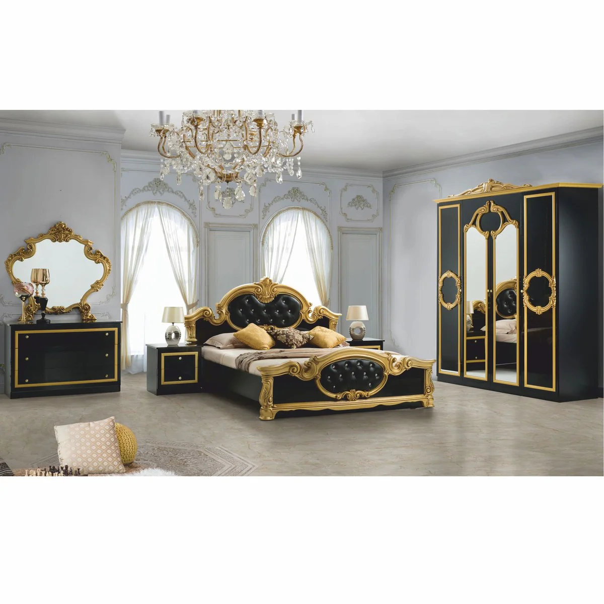 Luxury baroque double bed with rhinestones black / gold - bedroom furniture