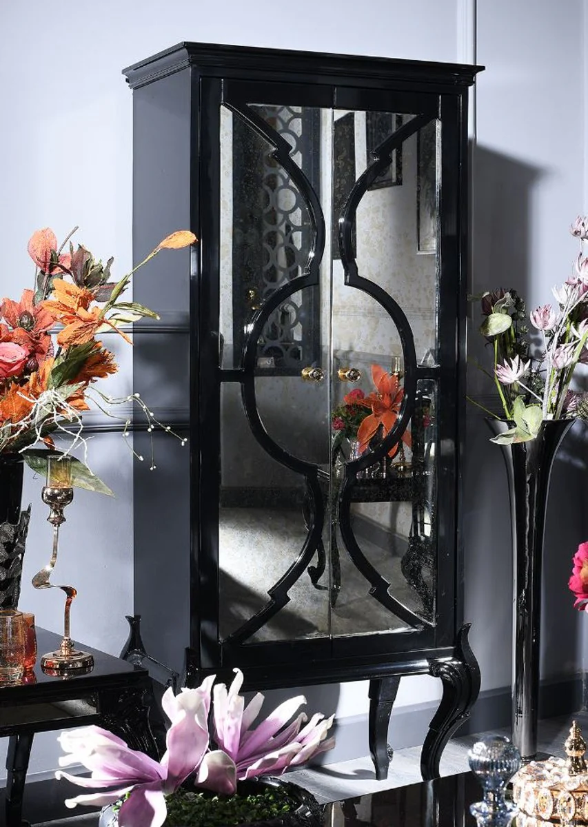 Luxury baroque living room cabinet black 81 x 45 x H. 192 cm - solid wood cabinet with 2 mirrored doors - baroque living room furniture