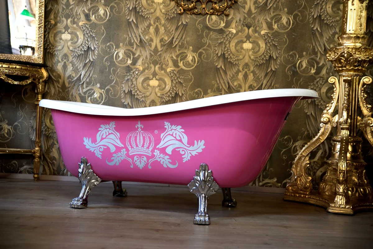Pompöös by Luxus bathtub freestanding by Harald Glööckler pink / silver / white 1695mm with silver-colored lion feet -EXHIBITION PIECE-