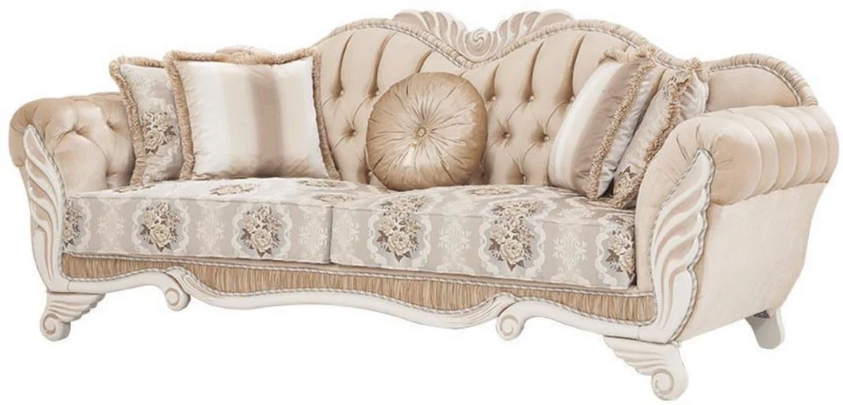 Luxury baroque sofa beige / white 230 x 88 x H. 96 cm - living room sofa with floral pattern and decorative pillows - baroque furniture