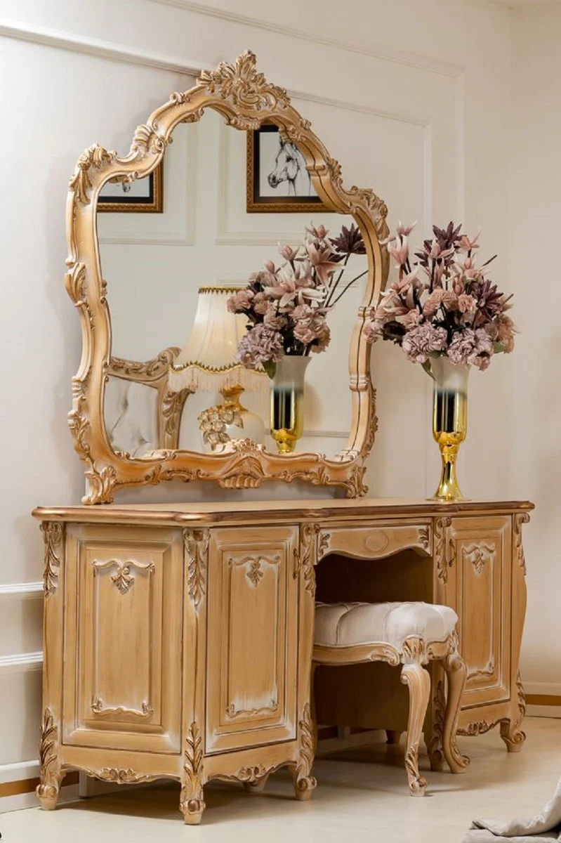 Luxury Baroque Bedroom Dressing Table Set Gold - 1 Baroque Dressing Table & 1 Baroque Wall Mirror & 1 Baroque Stool - Magnificent Baroque Bedroom Furniture