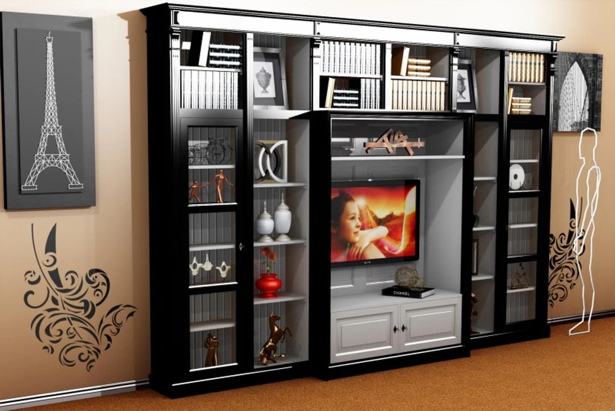 Luxury living room wall unit black / white W 372 x H 255 cm bookcase shelf cabinet television TV - Art Deco Art Nouveau hotel furniture