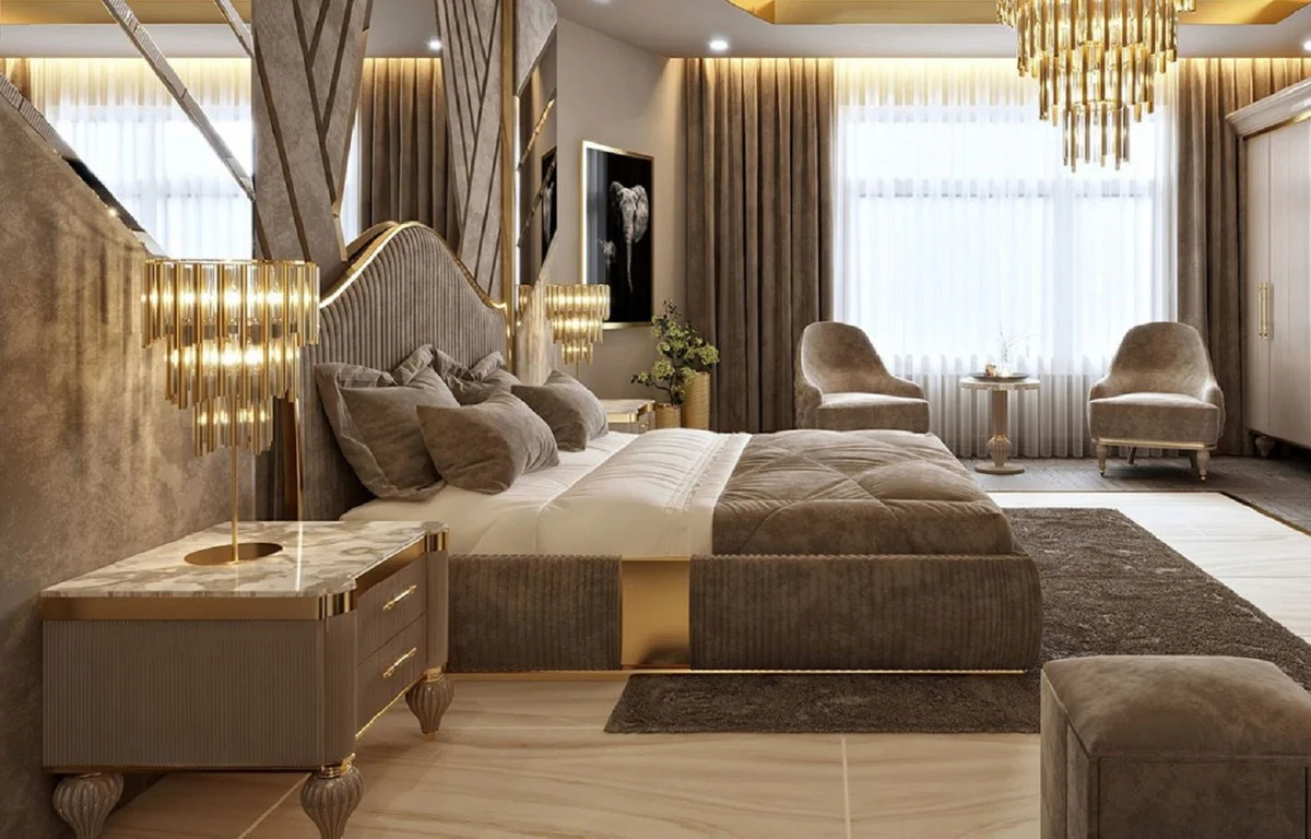 Luxury Art Deco Bedroom Set Gray / White / Gold - 1 Double Bed with Headboard & 2 Nightstands - Art Deco Bedroom & Hotel Furniture - Luxury Collection