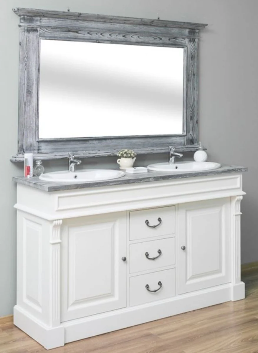 Country house style bathroom set white / gray - 1 double washbasin & 1 wall mirror - solid wood bathroom furniture in country house style