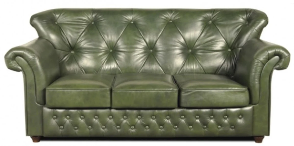 Chesterfield genuine leather 3-seater sofa in green with dark brown feet 200 x 80 x H. 85 cm - luxury quality