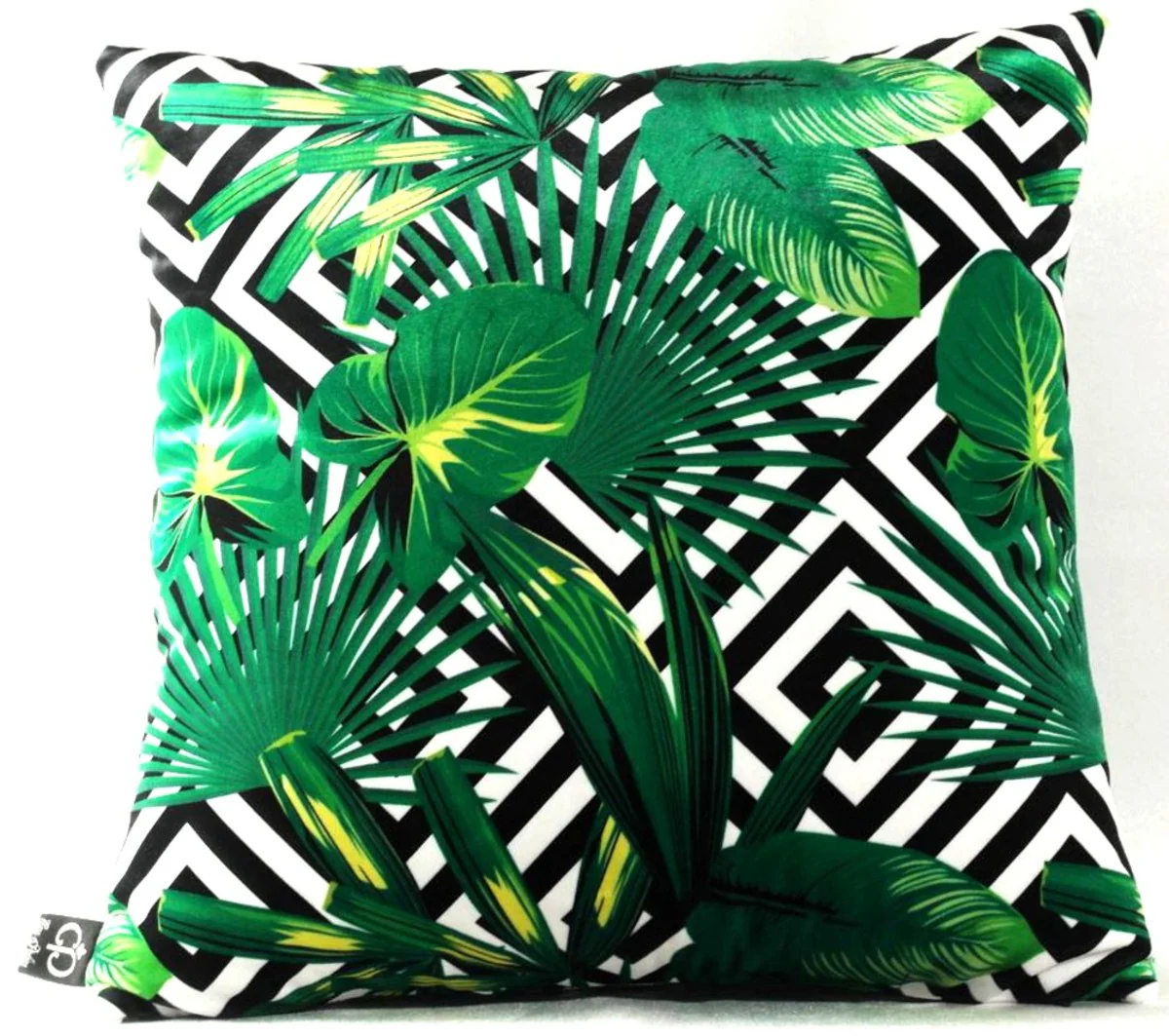 Luxus Kissen Miami Palm Leaves Schwarz / Weiß / Grün 45 x 45 cm - Feinster Samtstoff - Deko Wohnzimmer Kissen