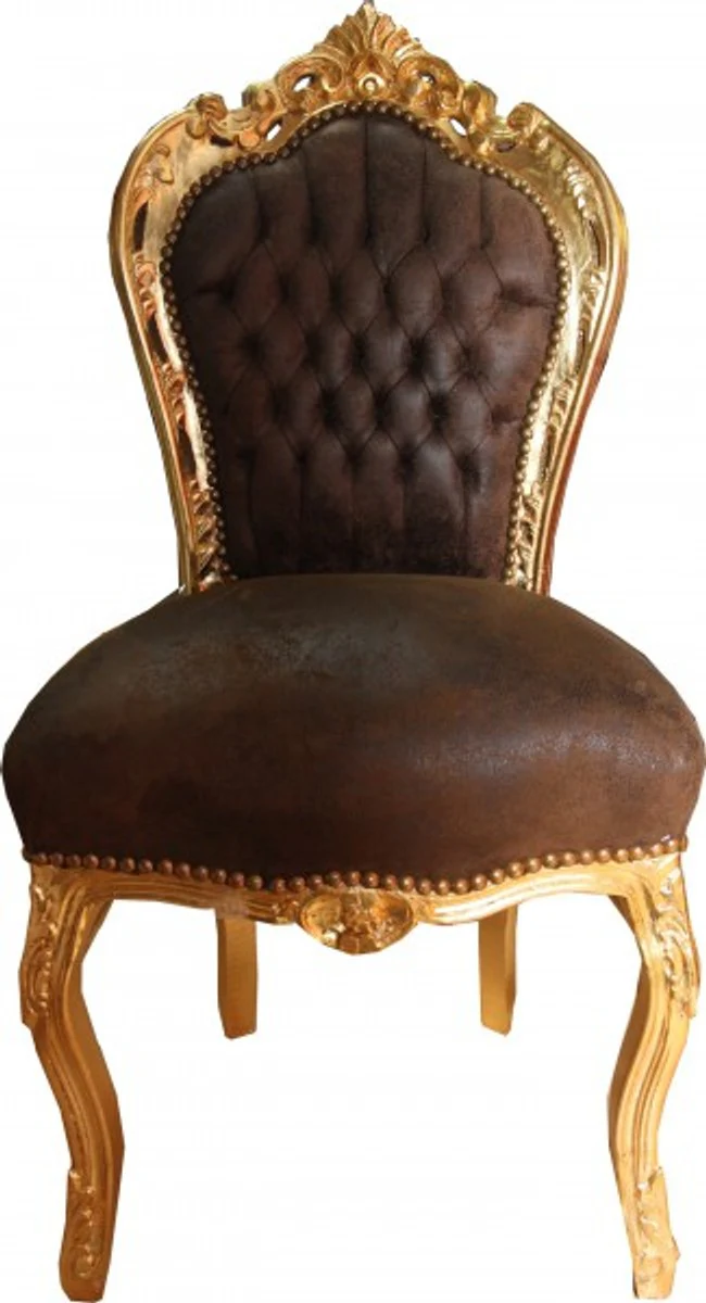 Baroque dining room chair brown leather look / gold - furniture