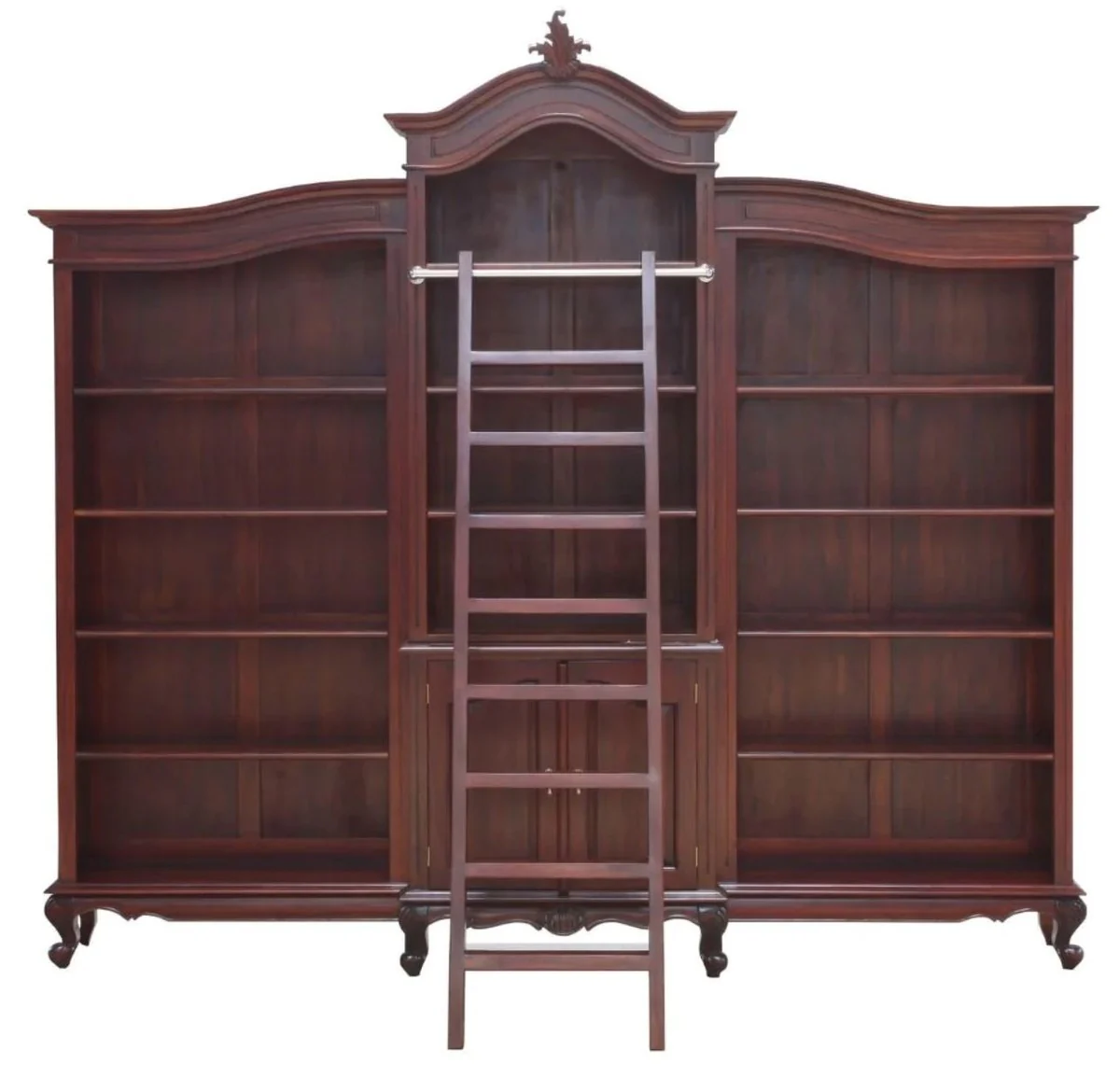 Luxury Baroque Mahogany Bookcase Dark Brown 280 x 47 x H. 245 cm - Magnificent Baroque Style Cabinet with Ladder - Baroque Office Furniture - Noble & Magnificent