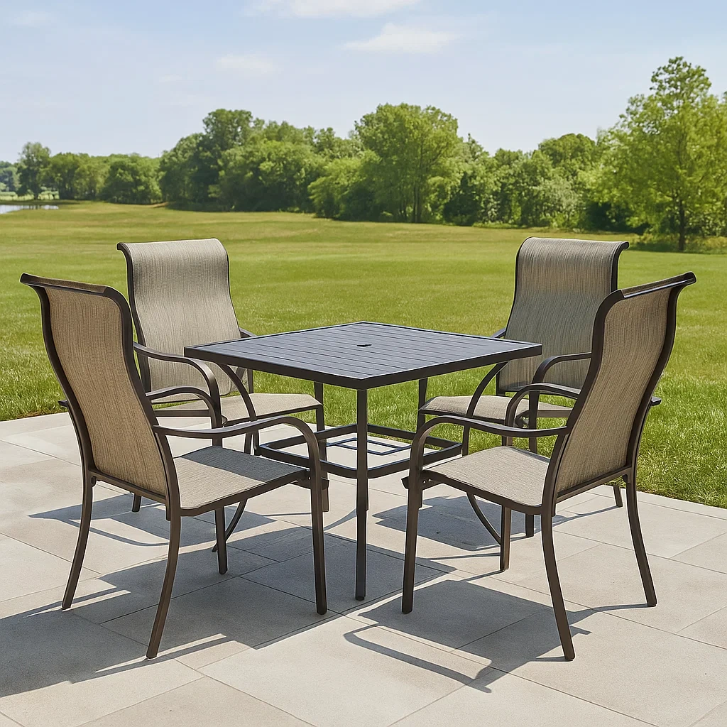 Essgruppe für die Terrasse, quadratischer Tisch mit 4 Stühlen, braun, Stahl, geeignet für den Garten