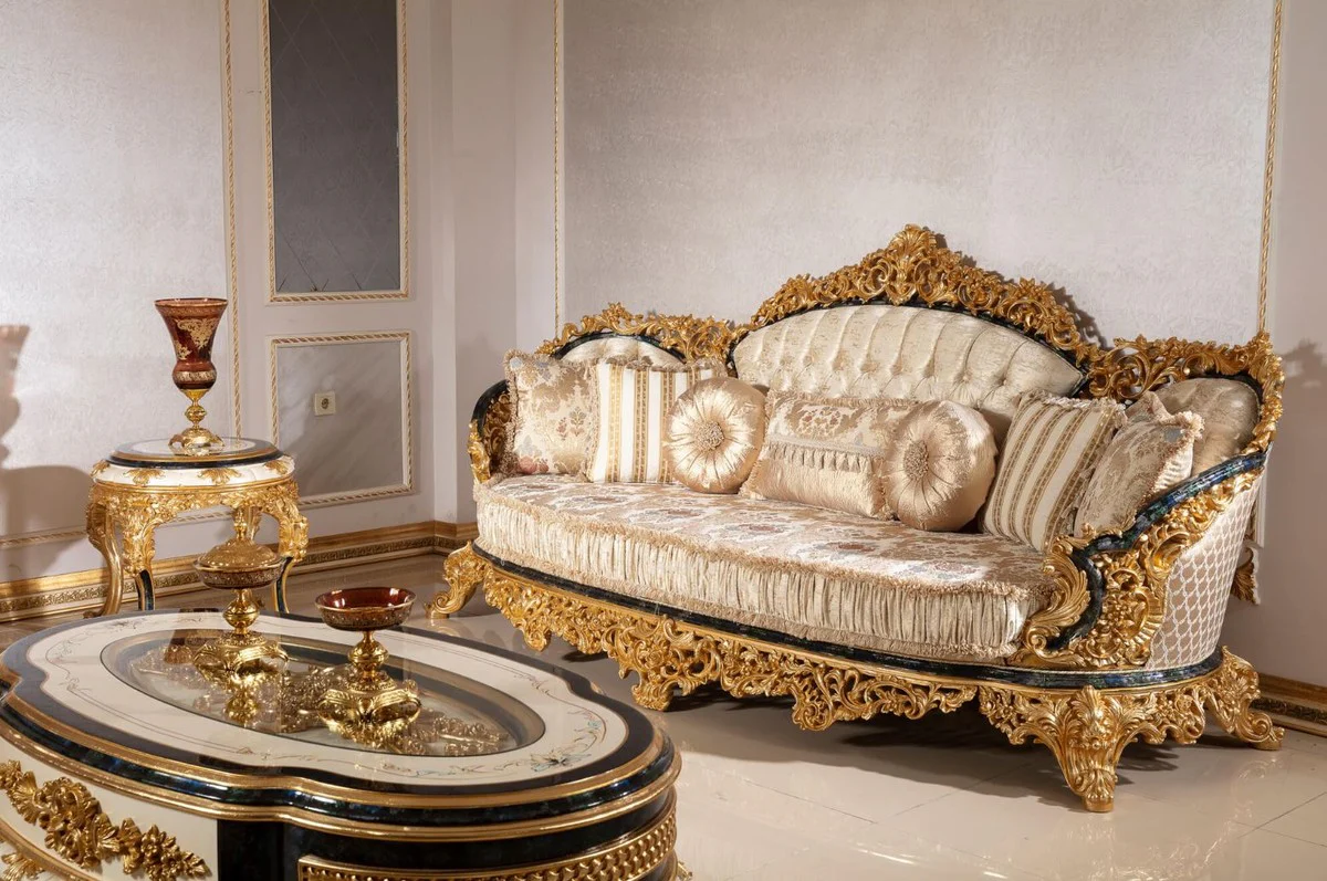 Luxury Baroque Sofa Gold / Multicolored / Blue / Gold - Magnificent Living Room Sofa with Elegant Pattern - Baroque Living Room Furniture - Noble & Magnificent