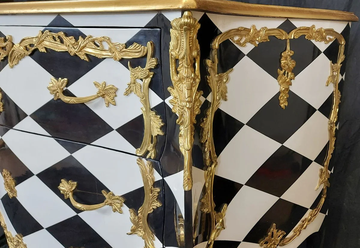 Baroque chest of drawers with checked design and 2 drawers black / white / gold - handmade solid wood chest of drawers in baroque style - bedroom furniture in baroque style - baroque furniture