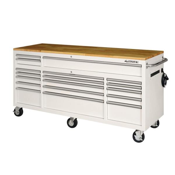 72 IN. 18-DRAWER MOBILE WORKBENCH mit SOLI WOOD TOP in GLOSS WHITE