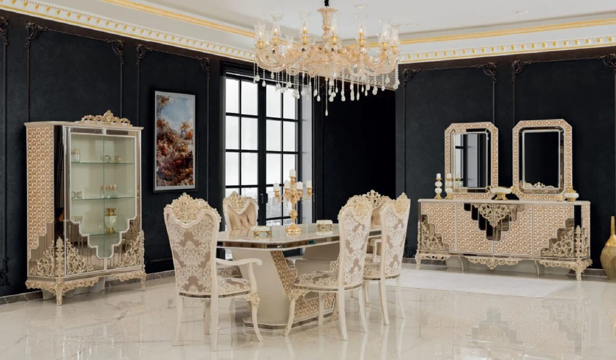 Luxury Baroque Dining Room Set White / Gold - 1 Baroque Dining Table & 6 Baroque Dining Chairs - Luxury Dining Room Furniture in Baroque Style - Baroque Furniture - Noble & Magnificent