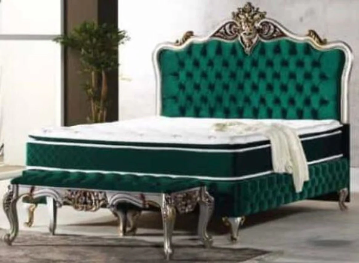 Baroque double bed green / silver / antique gold - magnificent bed with mattress - baroque furniture